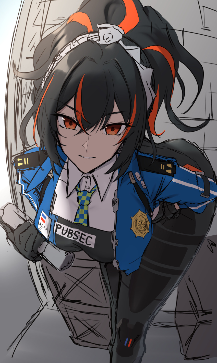 1girl absurdres blue_jacket breasts gloves highres jacket large_breasts leaning_forward long_hair long_sleeves looking_at_viewer metal_hairband multicolored_hair pants police police_uniform ponytail shiroshisu smile solo streaked_hair tight_clothes tight_pants zenless_zone_zero zhu_yuan