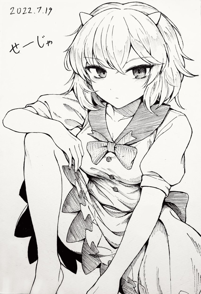 1girl absurdres blue_bow blue_bowtie bow bowtie closed_mouth cone_horns dated dress greyscale highres horns kijin_seija knee_up looking_at_viewer monochrome short_hair short_sleeves simple_background solo touhou yonoisan