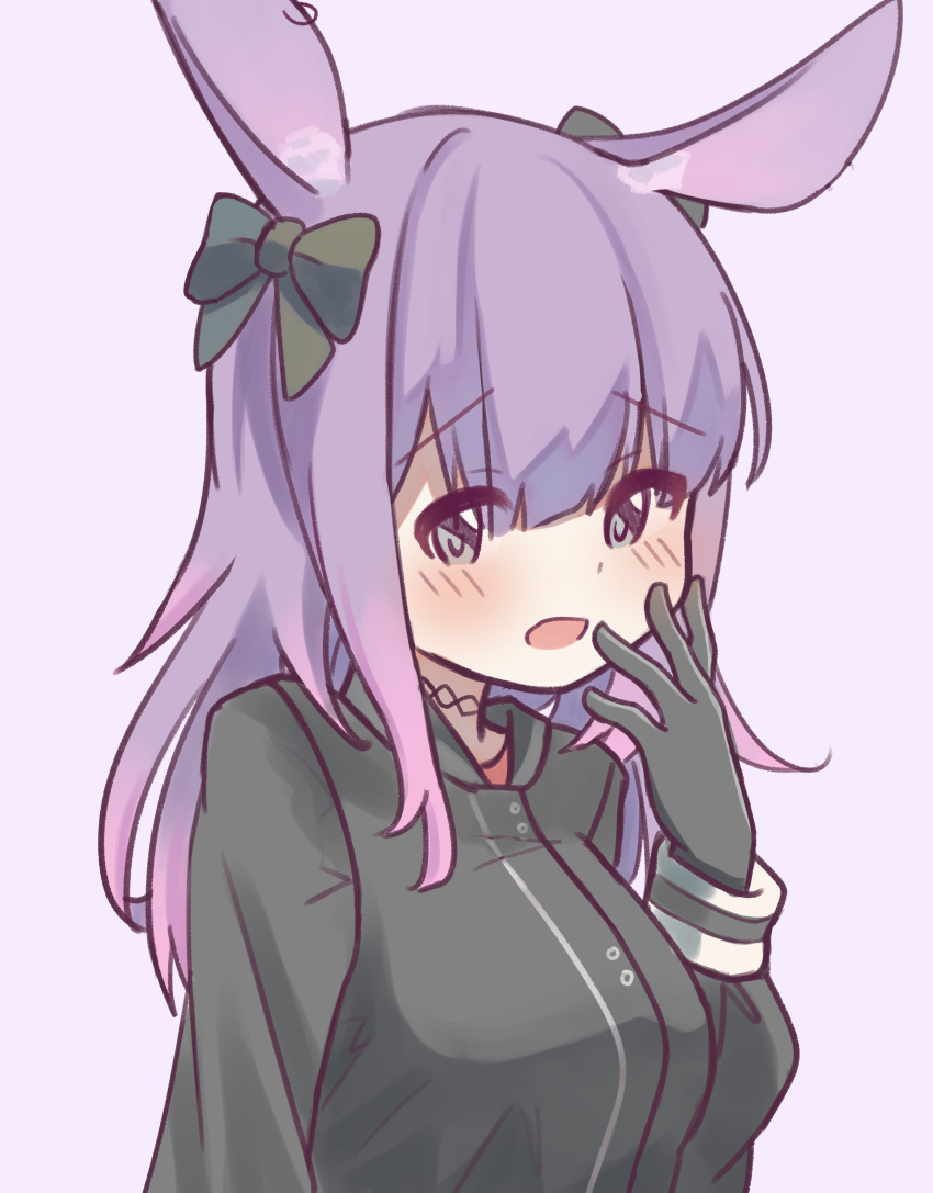 1girl absurdres animal_ear_fluff animal_ears arknights black_bow black_gloves black_jacket blush bow breasts gloves grey_eyes hair_bow hand_up highres jacket long_hair long_sleeves medium_breasts open_mouth puffy_long_sleeves puffy_sleeves purple_background purple_hair rabbit_ears rope_(arknights) ryoku_sui simple_background solo single_ear_down