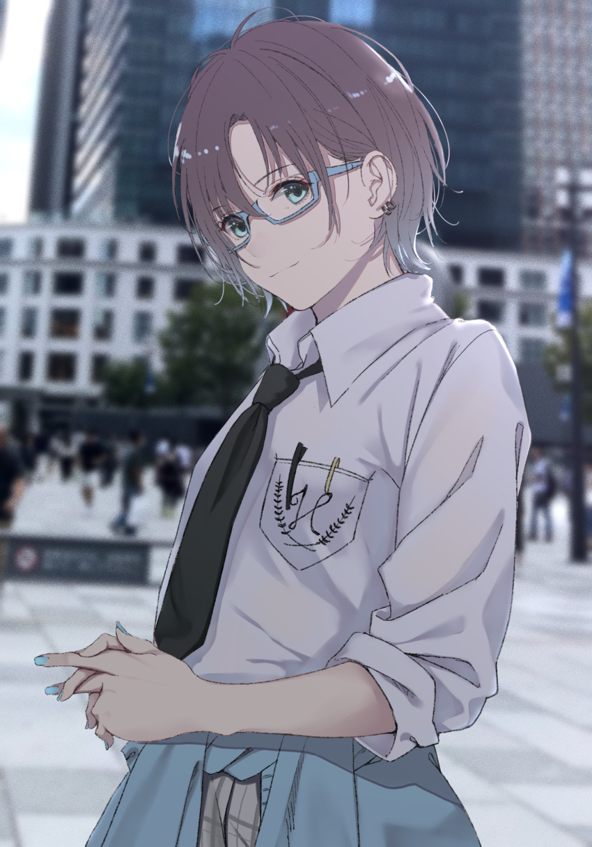 1girl aqua_eyes asakura_toru bad_id bad_pixiv_id black_necktie blue-framed_eyewear blue_nails blurry breast_pocket brown_hair building city closed_mouth clothes_writing collar cowboy_shot crowd day depth_of_field earrings glasses highres idolmaster idolmaster_shiny_colors jewelry long_sleeves looking_at_viewer nail_polish necktie object_in_pocket outdoors own_hands_together pen_in_pocket pocket saitou_(lynx-shrike) semi-rimless_eyewear shirt short_hair sleeves_pushed_up smile solo under-rim_eyewear white_shirt wing_collar