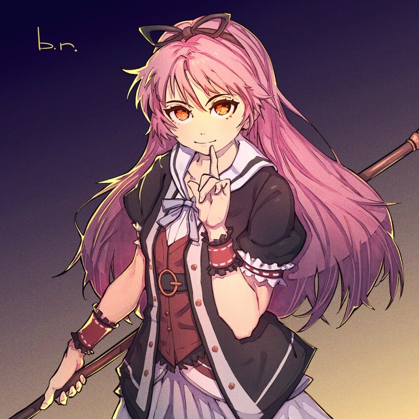 1girl black_ribbon black_shirt closed_mouth eiyuu_densetsu eyelashes frilled_wrist_cuffs frills highres holding holding_weapon long_hair looking_at_viewer open_clothes open_shirt purple_hair renne_(eiyuu_densetsu) ribbon rockmor sen_no_kiseki sen_no_kiseki_(series) sen_no_kiseki_iv shirt smile solo weapon wrist_cuffs yellow_eyes