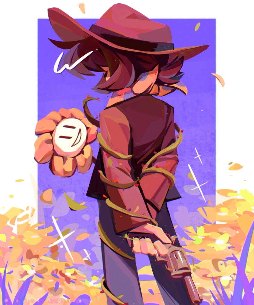 1other arms_behind_back bandana blue_bandana border brown_hair brown_hat brown_shirt closed_eyes clover_(undertale_yellow) commentary cowboy_hat english_commentary flower flowey_(undertale) from_behind grin gun handgun hat highres holding holding_gun holding_weapon long_sleeves looking_at_another outside_border plant polka_dot purple_background revolver shirt short_hair simple_background smile sparkle st4ngray standing undertale undertale_yellow vines weapon white_border yellow_bandana yellow_flower yellow_petals