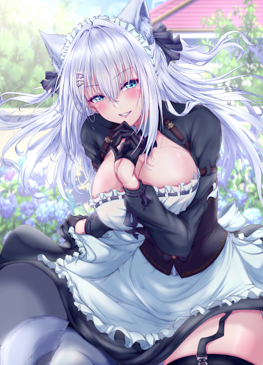 1girl animal_ear_fluff animal_ears black_gloves black_thighhighs blue_eyes blush breasts cleavage earrings garter_straps gloves half_gloves highres jewelry large_breasts long_hair maid maid_headdress noripro outdoors shirayuki_mishiro smile solo tadatada_yui tail thighhighs virtual_youtuber white_hair