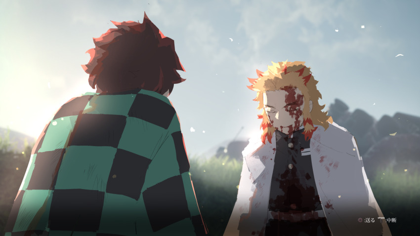 belt black_pants black_shirt blonde_hair blood blood_from_mouth brown_hair button_prompt checkered_haori closed_eyes dawn demon_slayer_uniform dying falling_leaves grass haori japanese_clothes kamado_tanjirou kimetsu_no_yaiba leaf pants rengoku_kyoujurou rock samidare_(hoshi) sekiro:_shadows_die_twice shirt spoilers translation_request user_interface white_belt white_haori