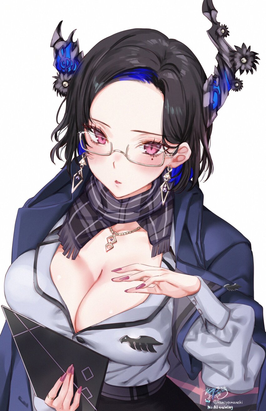 1girl absurdres black_hair blue_hair blush breasts cleavage earrings glasses highres hololive hololive_english horns jewelry kamiya_maneki large_breasts long_sleeves looking_at_viewer mole mole_under_eye multicolored_hair nail_polish necklace nerissa_ravencroft nerissa_ravencroft_(casual) office_lady pink_eyes scarf shirt simple_background solo two-tone_hair virtual_youtuber white_background white_shirt