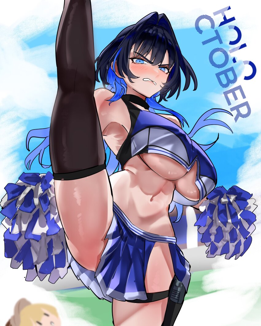 2girls absurdres alternate_costume angry black_hair blonde_hair blue_eyes blue_hair blush breasts cheerleader chibi hair_intakes hat highres hololive hololive_english koizumi_arata large_breasts leg_up looking_at_viewer multiple_girls ouro_kronii pom_pom_(cheerleading) short_hair smol_ame thighhighs underboob virtual_youtuber watson_amelia