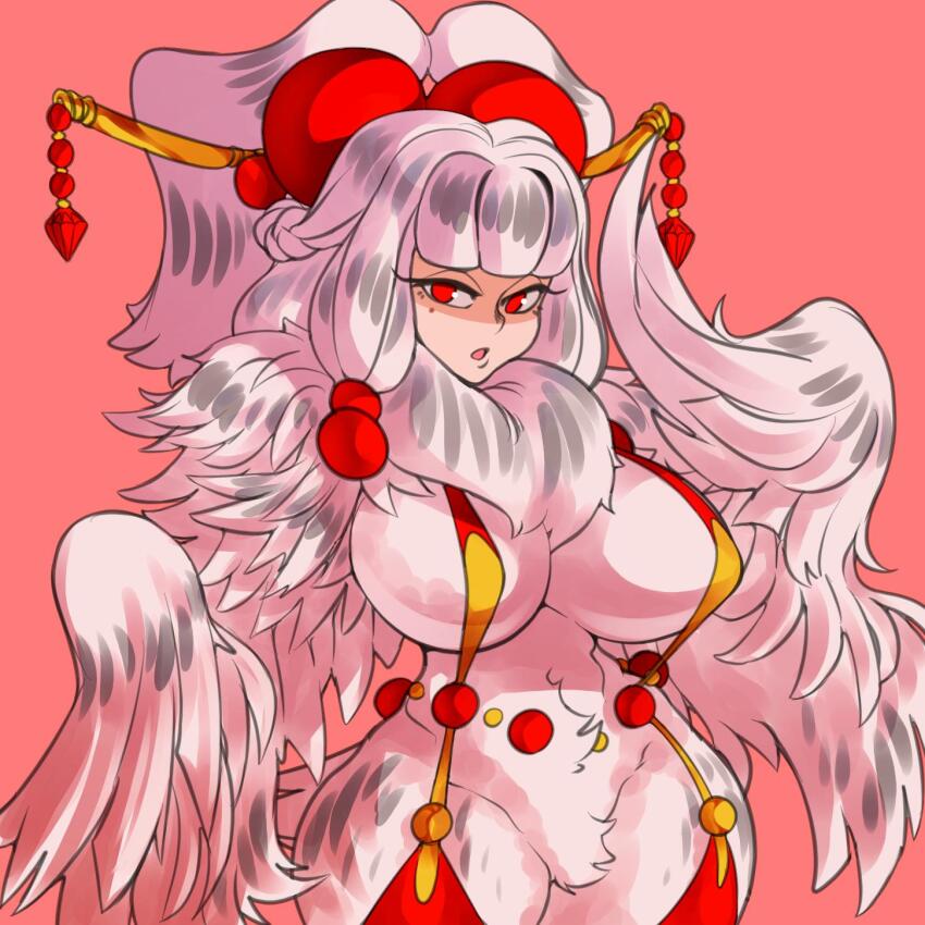 1girl breasts dizzyspells feathers flat_color garter_straps harpy huge_breasts mole mole_under_eye monster_girl open_mouth orb original red_background red_eyes suspenders thighhighs white_hair white_wings wings