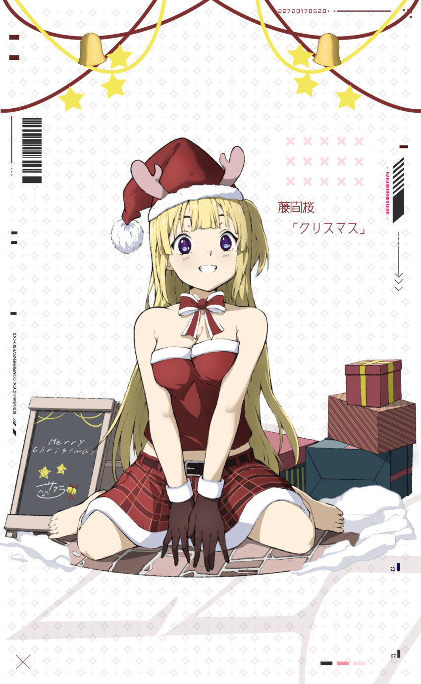 1girl 22/7 absurdres barefoot belt between_legs black_belt blonde_hair bow bowtie box breasts brown_gloves character_name christmas cleavage fujima_sakura full_body fur-trimmed_shirt fur-trimmed_skirt fur_trim gift gift_box gloves grin hand_between_legs hat highres long_hair looking_at_viewer menu_board merry_christmas morinomiya_ruri off-shoulder_shirt off_shoulder one_side_up plaid_clothes plaid_skirt purple_eyes red_shirt red_skirt santa_costume santa_hat shirt sitting skirt smile solo two-tone_bow two-tone_bowtie wariza