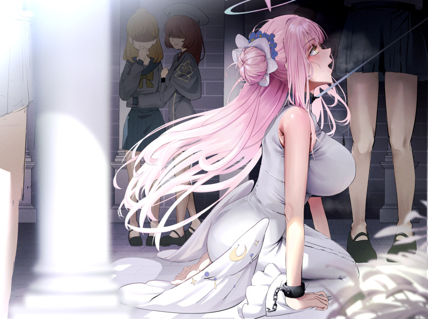 5girls absurdres angel_wings barefoot black_footwear blue_archive breasts dress flower hair_bun hair_flower hair_ornament halo heavy_breathing highres large_breasts leash leash_pull long_hair looking_at_another low_wings mika_(blue_archive) mrsc multiple_girls open_mouth pink_hair pink_halo seiza single_side_bun sitting sleeveless sleeveless_dress standing white_dress white_wings wing_ornament wings yellow_eyes