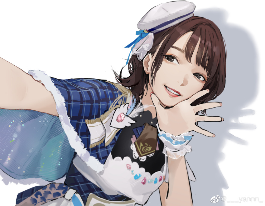 1girl absurdres beret black_eyes blue_capelet brown_hair capelet commentary fur-trimmed_capelet fur_trim hand_up hat highres idol idol_clothes medium_hair real_life selfie sidelocks solo tsuchiya_rio voice_actor weibo_watermark white_hat yannn