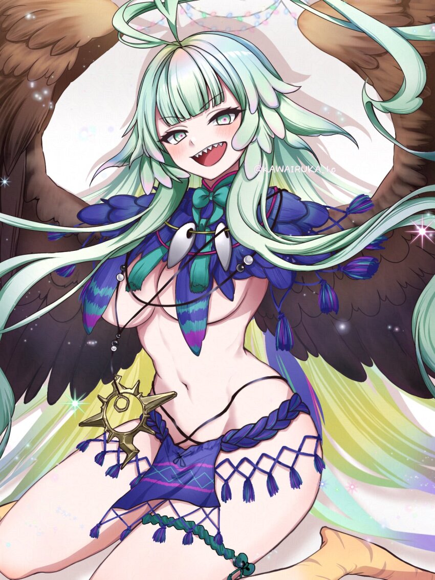 1girl ahoge bird_legs blue_loincloth blush bow breasts fate/grand_order fate_(series) feathered_wings feathers green_hair grey_eyes harpy highres jewelry kawairuka_ko large_breasts loincloth long_hair looking_at_viewer louhi_(fate) louhi_(third_ascension)_(fate) monster_girl navel necklace open_mouth revealing_clothes sharp_teeth sidelocks smile solo teeth thighs variant_set winged_arms wings