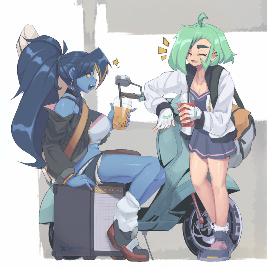 2girls blue_hair blue_skin breasts bubble_tea closed_eyes colored_sclera colored_skin ear_piercing earrings fingerless_gloves full_body geistbox gloves green_hair jacket jewelry large_breasts leg_warmers medium_breasts motor_vehicle motorcycle multiple_girls open_mouth original pandy_(geistbox) piercing shoes sitting skirt smile sneakers vio_(geistbox) yellow_eyes yellow_sclera