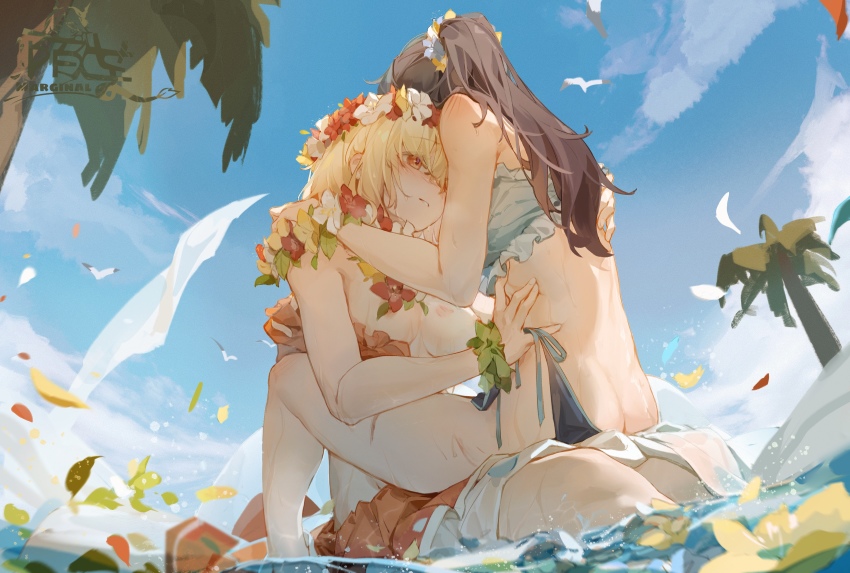 2girls absurdres artist_name ass back bikini bird black_hair blonde_hair blue_sky blush butt_crack day flower flower_wreath hair_over_one_eye highres hug inoue_takina leaves long_hair lycoris_recoil moyu_marginal multiple_girls nipples nishikigi_chisato orange_eyes outdoors palm_tree petals ponytail red_eyes revision seagull short_hair sky swimsuit tree undressing_another yuri