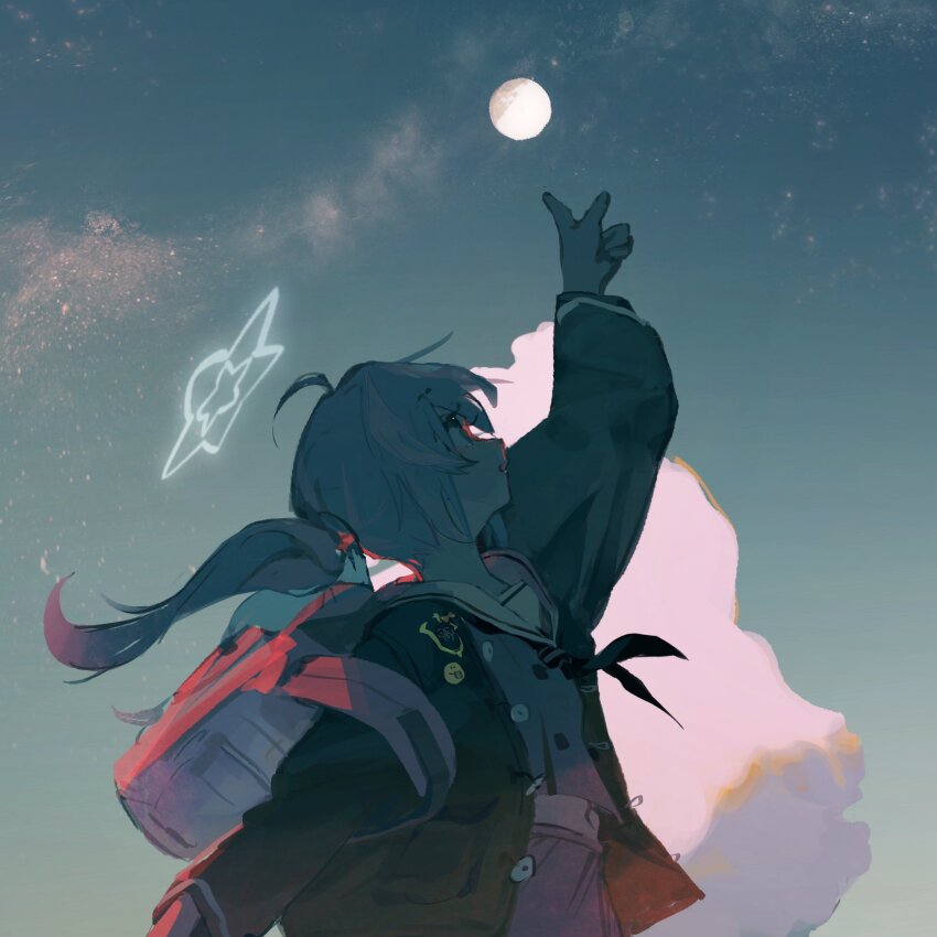 1girl :o aamond ahoge arm_up backpack bag black_coat black_neckerchief blue_archive cloud coat commentary_request dusk floating_hair full_moon grey_serafuku grey_skirt halo highres long_hair long_sleeves looking_up low_twintails midriff moon navel neckerchief open_clothes open_coat outdoors pink_bag pointing pointing_up profile reisa_(blue_archive) sailor_collar school_uniform serafuku sidelighting skirt sky solo star_(sky) star_halo starry_sky strap_slip twintails upper_body white_sailor_collar