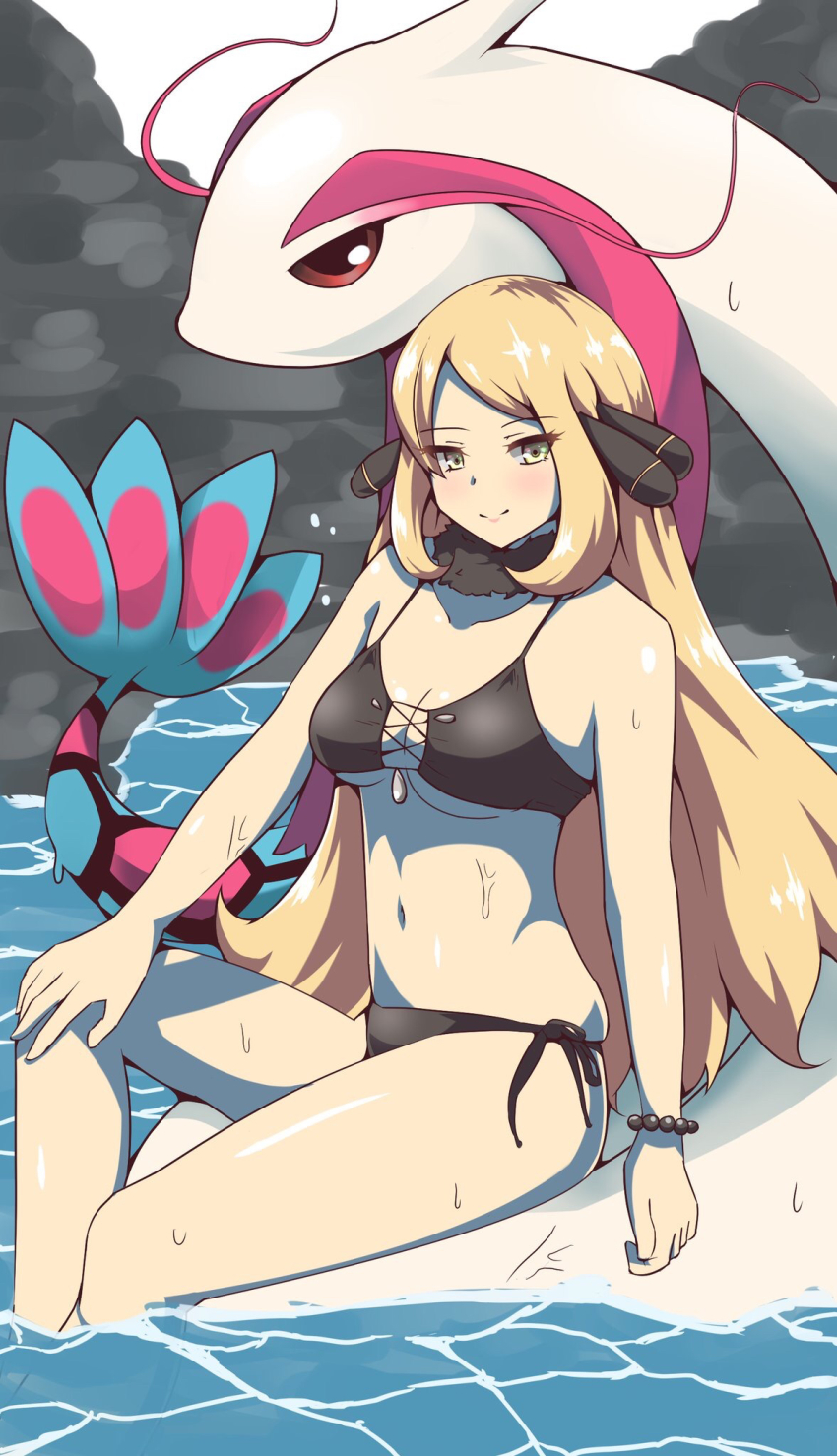 1girl 1other bikini ciel_(bird-strike-3) creatures_(company) cynthia_(pokemon) game_freak gen_3_pokemon highres midriff milotic navel nintendo pokemon swimsuit water