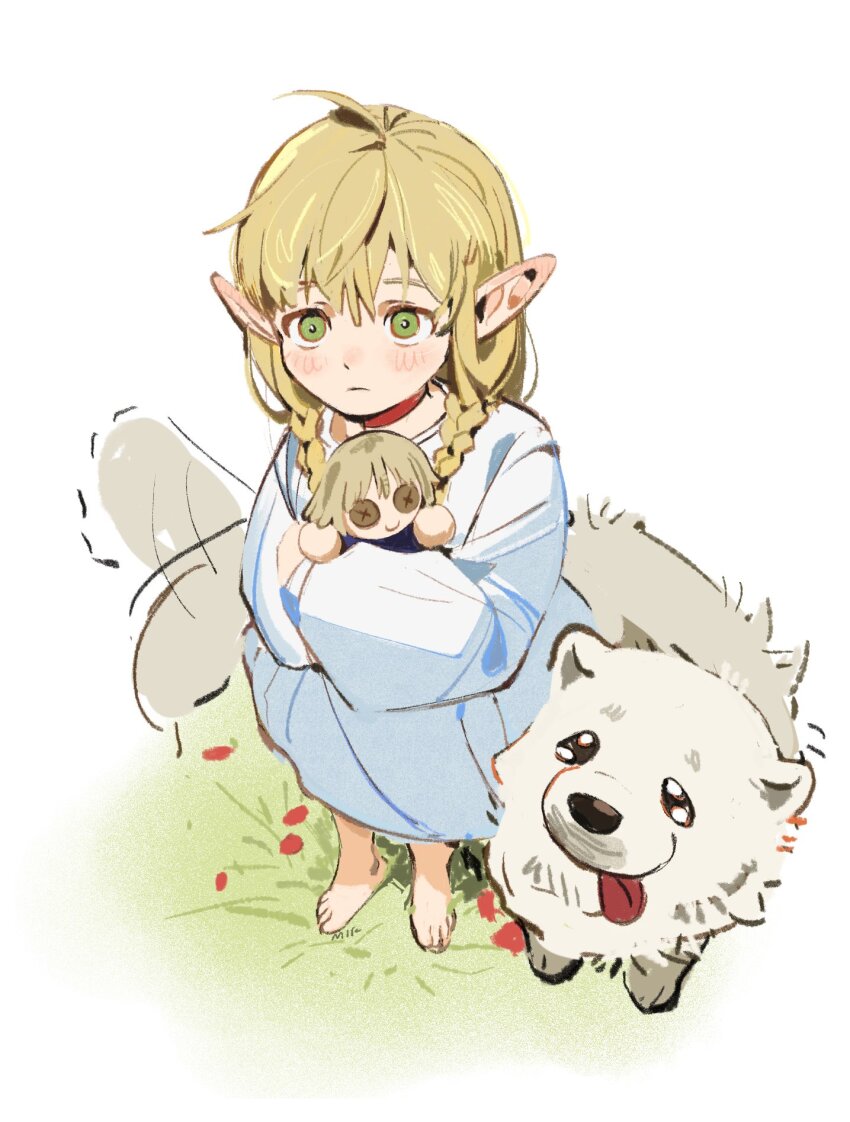 1girl aged_down barefoot blonde_hair blush bright_pupils choker dog doll dungeon_meshi elf falin_touden falin_touden_(doll) flower from_above frown grass green_eyes highres holding holding_doll laios_touden laios_touden_(dog) long_hair marcille_donato pajamas pointy_ears rightgate tail tail_wagging tongue tongue_out twintails white_pupils