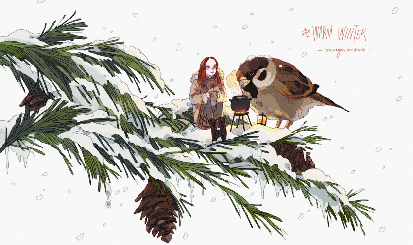 1girl animal artist_name bird boots brown_footwear cauldron coat commentary cup dated english_commentary english_text eurasian_tree_sparrow fur_trim highres holding holding_cup in_tree lantern large_forehead mini_person minigirl original pale_skin pine_tree pinecone red_hair sitting sitting_in_tree skirt smile snow snowing solid_circle_pupils sparrow tree winter xi_zhang yellow_eyes