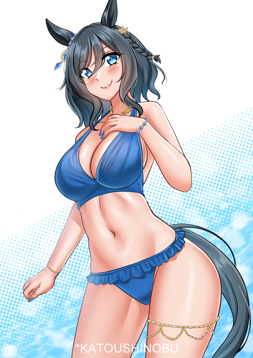 1girl absurdres animal_ears artist_name bikini black_hair blue_bikini blue_eyes blue_nails bob_cut breasts cleavage contrapposto eishin_flash_(umamusume) frilled_bikini frills gradient_background highres horse_ears horse_girl horse_tail katou_shinobu large_breasts looking_at_viewer nail_polish short_hair smile solo standing swept_bangs swimsuit tail umamusume white_background