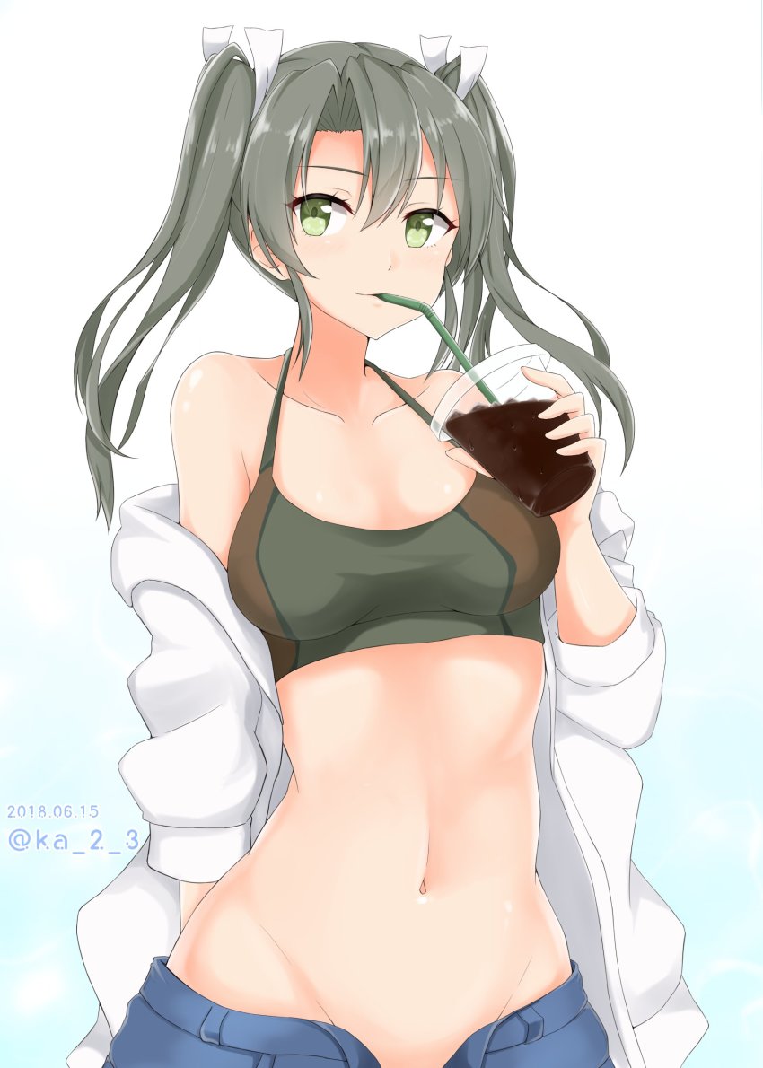 1girl absurdres blue_background blue_pants bra breasts camouflage camouflage_bra cleavage closed_mouth collarbone dated drinking drinking_straw female_focus gradient_background green_eyes grey_hair hair_between_eyes highres ibuki_grunt kantai_collection long_hair looking_at_viewer navel off_shoulder open_clothes open_fly open_shirt pants shirt small_breasts smile solo sports_bra twintails twitter_username two-tone_sports_bra underwear white_shirt zuikaku_(kancolle)