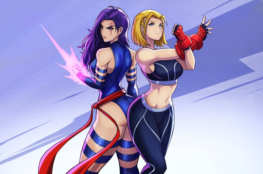 2girls alex_dos_diaz ass ass-to-ass bare_shoulders blue_leotard breasts cammy_white capcom elbow_gloves gloves highleg highleg_leotard highres large_breasts leotard long_hair looking_at_viewer marvel marvel_vs._capcom multiple_girls navel psylocke purple_eyes purple_hair sash scar street_fighter street_fighter_6 superhero_costume thighhighs x-men