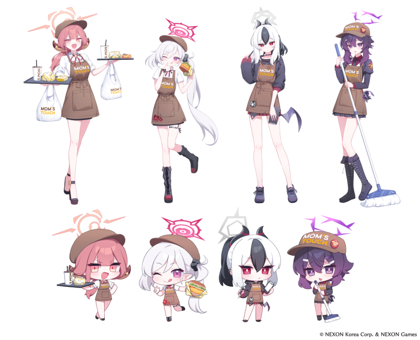 4girls apron aru_(blue_archive) black_hair blue_archive boots brown_apron deadnooodles demon_horns food full_body halo haruka_(blue_archive) hat high_heels horns juliet_sleeves kayoko_(blue_archive) knee_boots long_hair long_sleeves miniskirt mom&#039;s_touch mop multicolored_hair multiple_girls mutsuki_(blue_archive) official_art open_mouth pink_hair problem_solver_68_(blue_archive) puffy_sleeves purple_eyes purple_hair purple_halo red_eyes shirt short_sleeves skirt tray white_background white_hair white_shirt