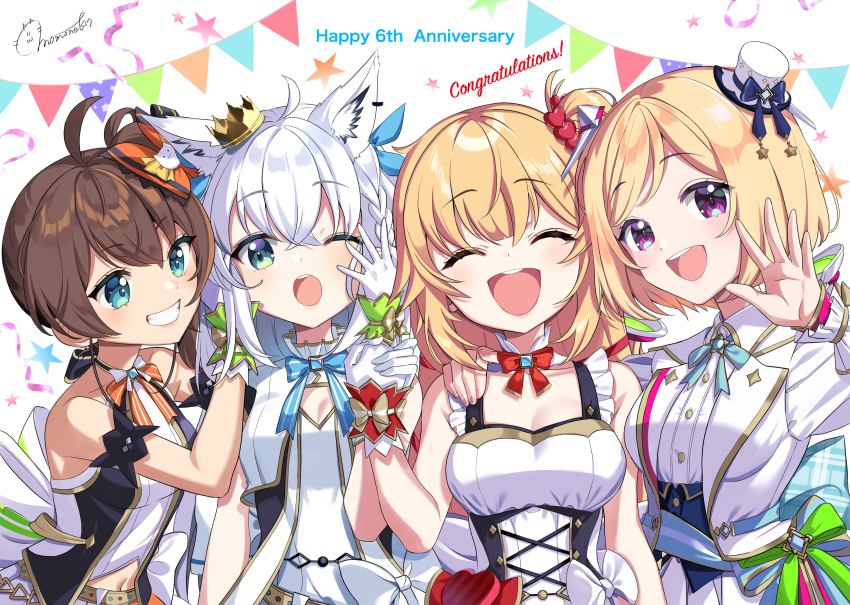 1st_generation_(hololive) 4girls ahoge akai_haato aki_rosenthal animal_ears blonde_hair blue_eyes brown_hair closed_eyes dress fox_ears fox_girl gloves grey_hair happy_anniversary highres hololive hololive_idol_uniform_(origin) looking_at_viewer momone_cco multiple_girls natsuiro_matsuri official_alternate_costume one_eye_closed open_mouth purple_eyes shirakami_fubuki sleeveless sleeveless_dress teeth upper_teeth_only virtual_youtuber white_dress white_gloves