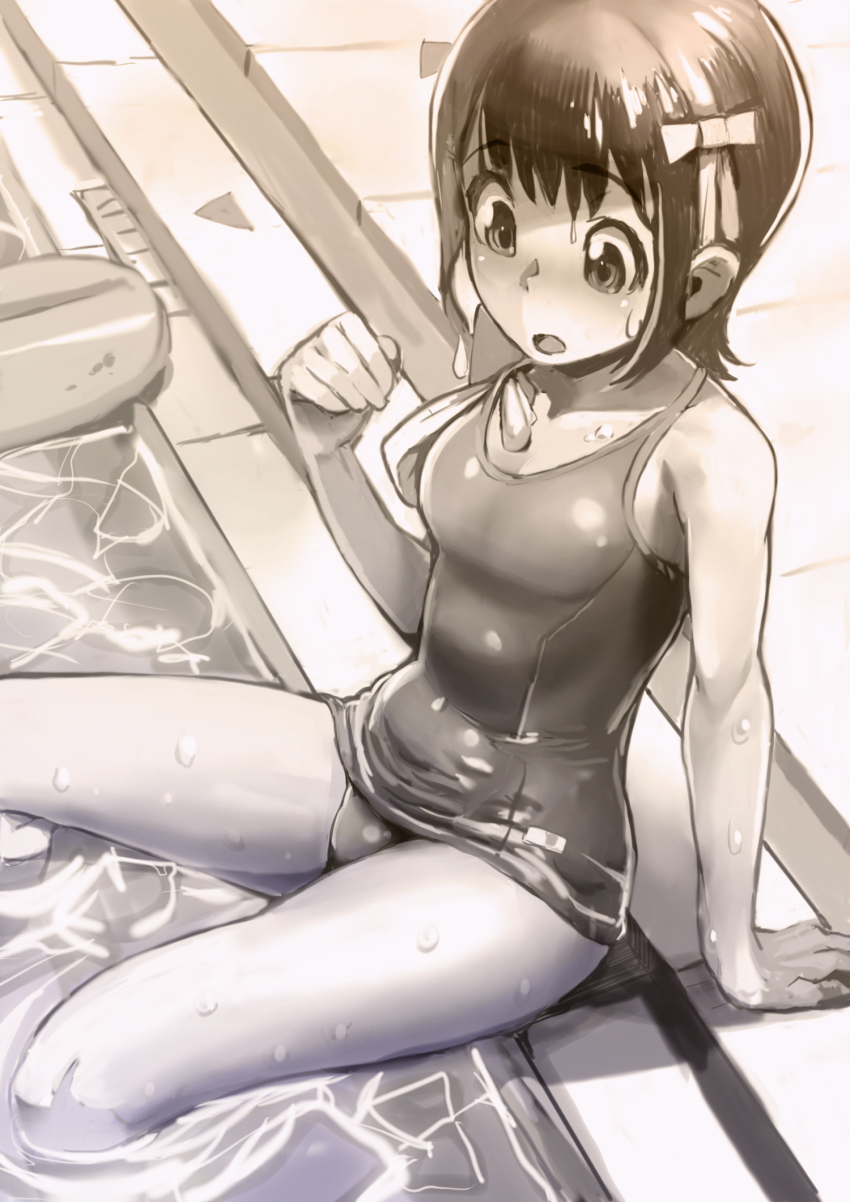 1girl :o amami_haruka arm_support female_focus hair_ribbon highres idolmaster idolmaster_(classic) kickboard kousaku monochrome one-piece_swimsuit pool poolside ribbon school_swimsuit short_hair sitting soaking_feet solo swimsuit thighs water wet