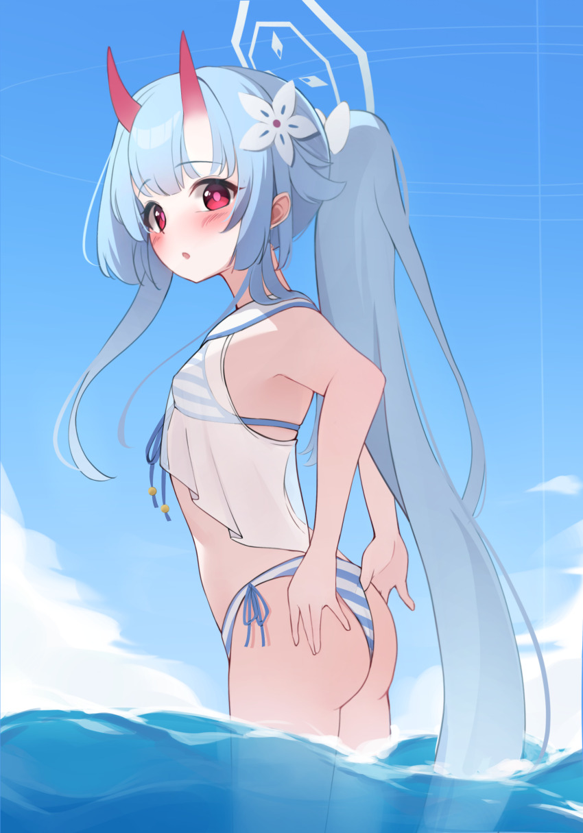 1girl absurdres ass bikini blue_archive blue_hair blue_halo blush breasts chise_(blue_archive) chise_(swimsuit)_(blue_archive) cloud flower from_behind gradient_horns hair_flower hair_ornament halo hands_on_own_ass highres horns long_hair looking_back multicolored_horns oni outdoors ponytail red_eyes red_horns see-through_clothes see-through_shirt shirt side-tie_bikini_bottom sky small_breasts solo striped_bikini striped_clothes swimsuit thighs tisofofo very_long_hair wading water white_shirt