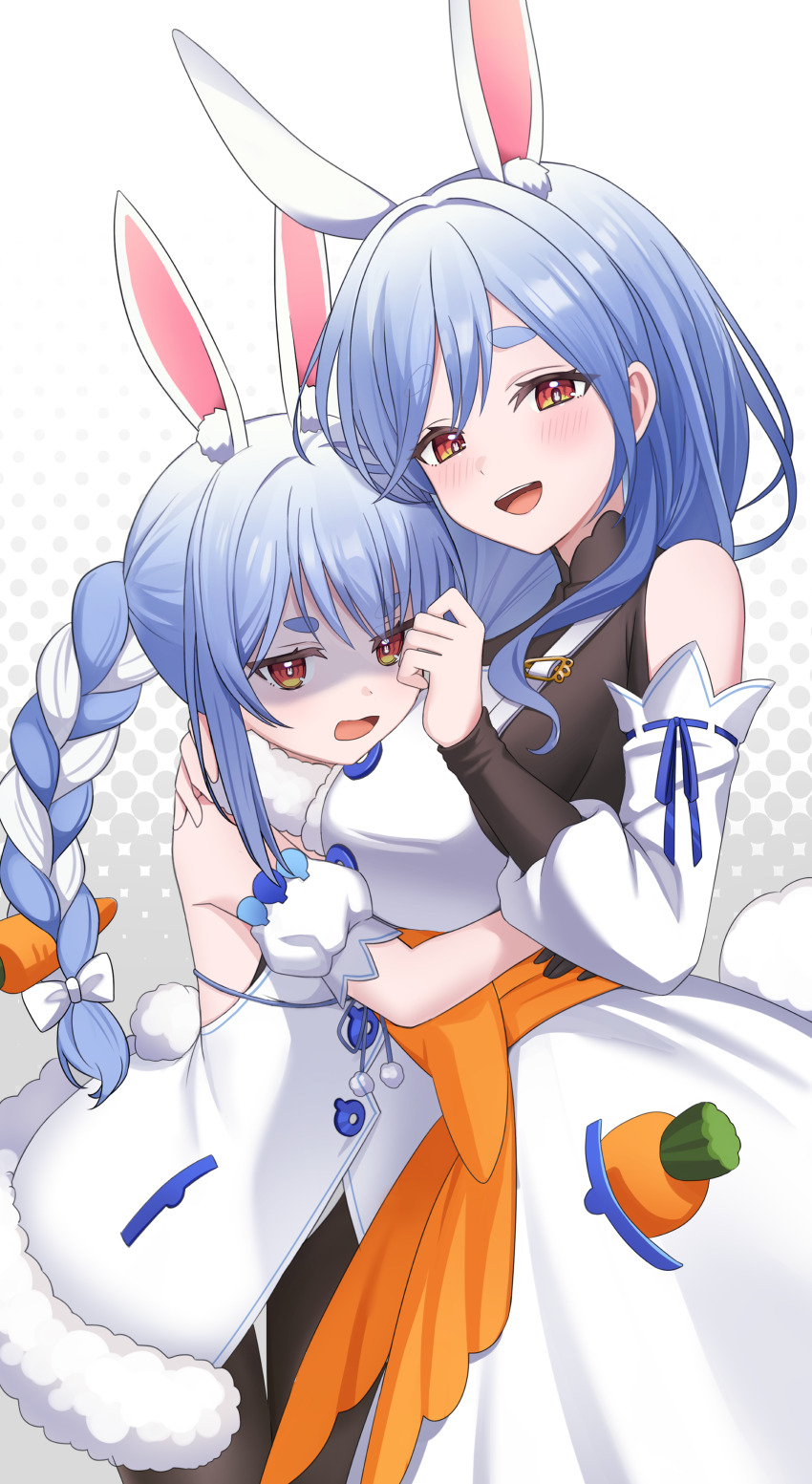 2girls absurdres animal_ear_fluff animal_ears black_bodysuit blue_hair blush bodysuit braid breasts carrot_hair_ornament carrot_in_pocket commentary food-themed_hair_ornament hair_ornament highres hololive hug long_hair mature_female mother_and_daughter multicolored_hair multiple_girls noraneco117 open_mouth pekomama rabbit-shaped_pupils rabbit_ears rabbit_girl red_eyes shaded_face short_eyebrows sideboob symbol-only_commentary symbol-shaped_pupils thick_eyebrows twin_braids twintails two-tone_hair usada_pekora usada_pekora_(1st_costume) virtual_youtuber white_hair