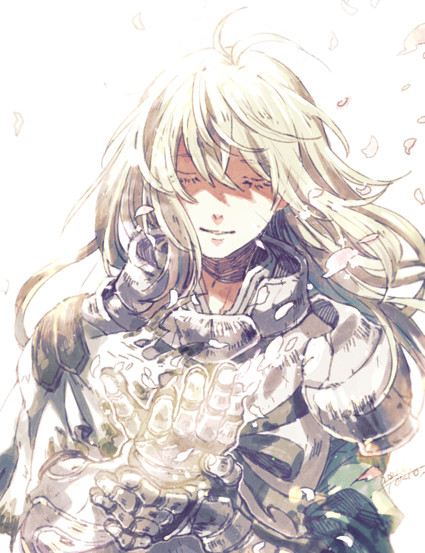 1boy antenna_hair armor bedivere_(fate) blonde_hair breastplate closed_eyes closed_mouth commentary_request dated fate/grand_order fate_(series) gauntlets highres long_hair male_focus pauldrons petals shoulder_armor signature simple_background smile solo tokio_(okt0w0) upper_body white_background