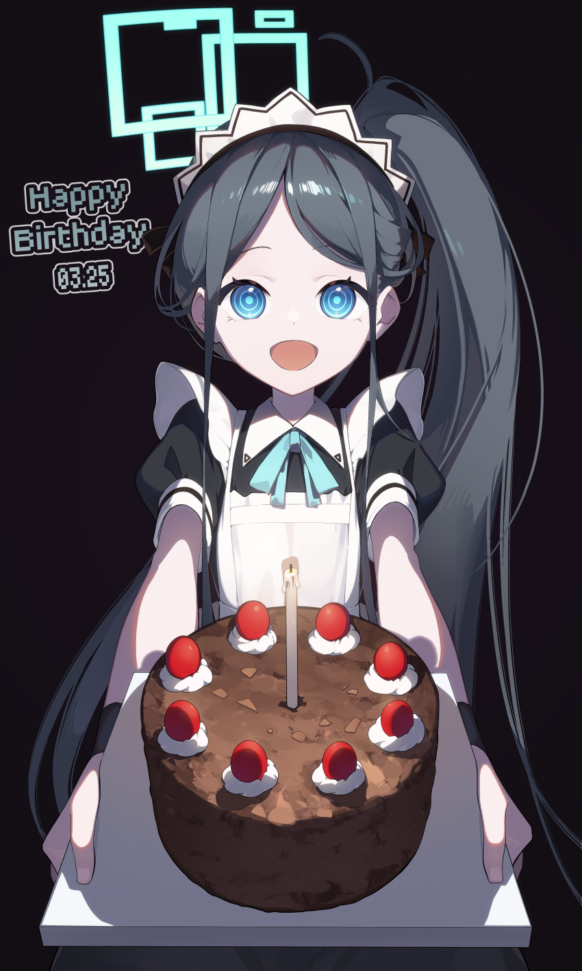 1girl absurdres aris_(blue_archive) birthday birthday_cake black_hair blue_archive blue_eyes cake dated food highres looking_at_viewer n_sol open_mouth short_sleeves smile solo