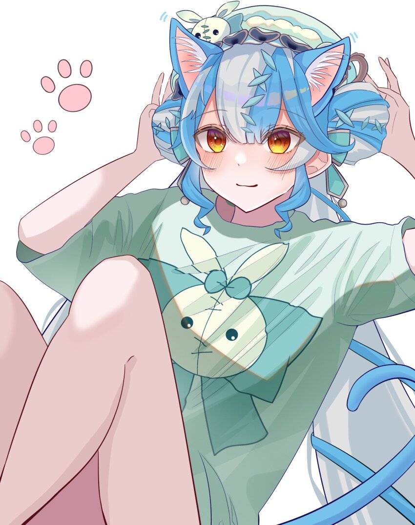 1girl animal_ear_fluff animal_ears blue_hair blush cat_ears cat_tail hat highres legs light_smile looking_at_viewer mob_cap multicolored_hair nijisanji nijisanji_en orange_eyes samidaretoukou shirt solo spiritmate_(twisty_amanozako) streaked_hair t-shirt tail twisty_amanozako virtual_youtuber