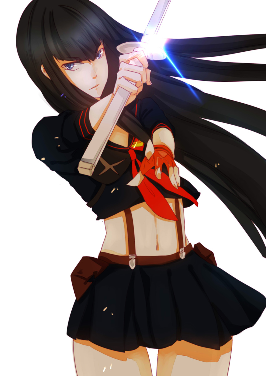 1girl absurdres black_hair blue_eyes cosplay fingerless_gloves glint gloves highres katana kill_la_kill kiryuuin_satsuki kumo_ni_notte long_hair matoi_ryuuko matoi_ryuuko_(cosplay) midriff navel school_uniform senketsu single_glove skirt spoilers suspenders sword weapon