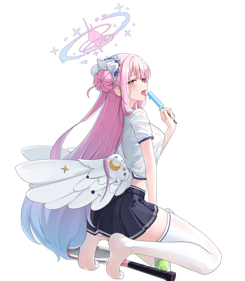 1girl alternate_costume ball black_skirt blue_archive daran9 food from_behind full_body hair_bun hair_ornament hair_scrunchie halo highres holding holding_food holding_popsicle kneeling long_hair looking_at_viewer low_wings mika_(blue_archive) no_shoes open_mouth pink_hair popsicle racket scrunchie shirt short_sleeves simple_background skirt tennis_ball tennis_racket thighhighs tongue tongue_out white_background white_shirt white_thighhighs white_wings wing_ornament wings yellow_eyes zettai_ryouiki