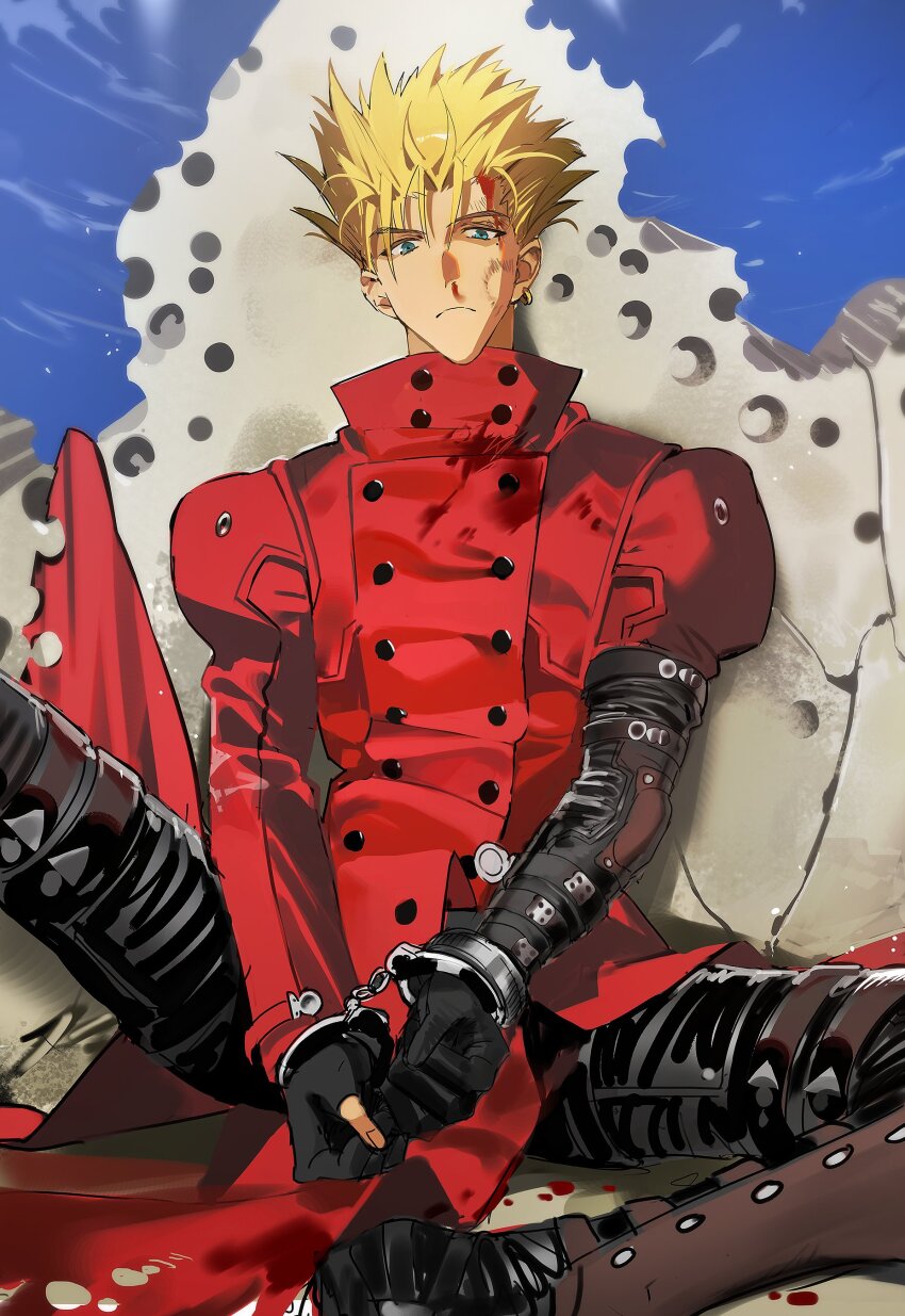 1boy absurdres blonde_hair blood blue_eyes bullet_hole citronplanet coat cuffs earrings gloves handcuffs highres jewelry mole mole_under_eye nosebleed prosthesis prosthetic_arm red_coat single_earring solo spiked_hair trigun vash_the_stampede