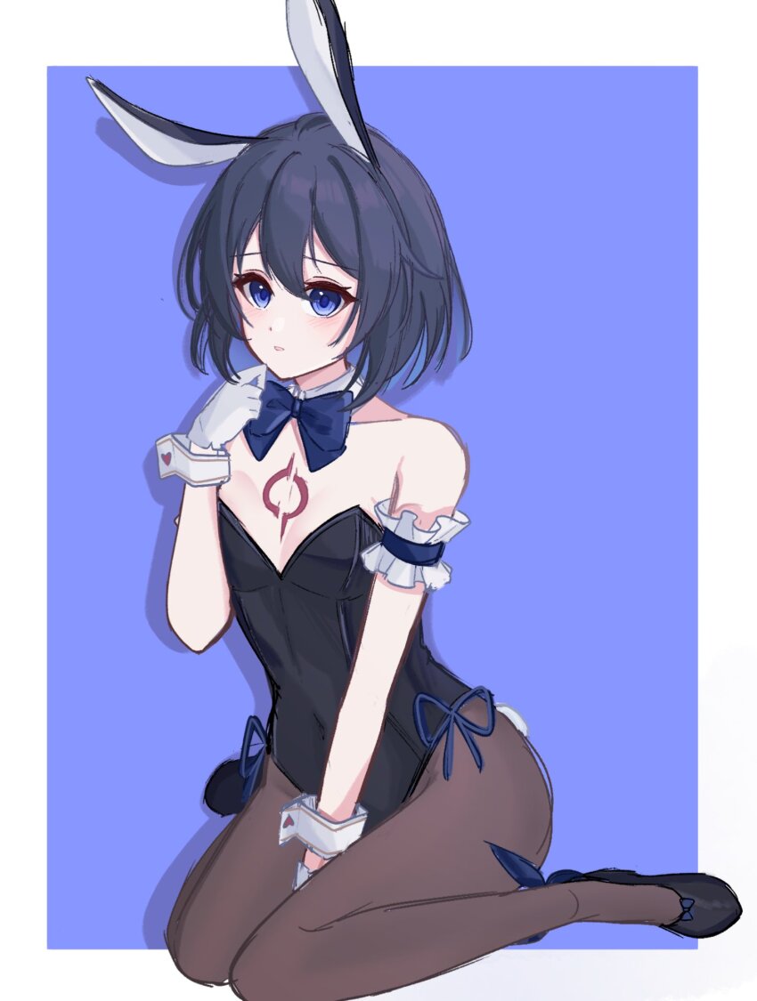 1girl animal_ears bare_shoulders between_legs black_footwear black_hair black_leotard blue_background blue_bow blue_eyes bow brown_pantyhose collarbone commentary_request copyright_request gloves hand_between_legs highres kemonomimi_mode leotard pantyhose parted_lips potato_258 rabbit_ears rabbit_girl rabbit_tail shoes short_hair sitting solo strapless strapless_leotard tail two-tone_background wariza white_gloves wrist_cuffs