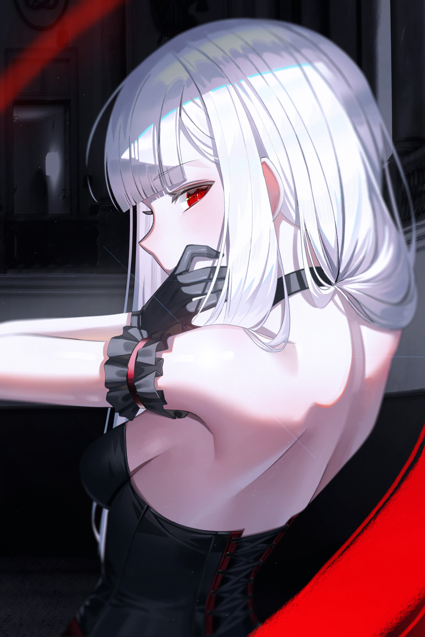 1girl absurdres arm_ribbon black_choker black_gloves bodice breasts choker from_behind gimseol gloves highres long_hair looking_at_viewer looking_back median_furrow original red_eyes red_ribbon ribbon shoulder_blades sideboob white_hair