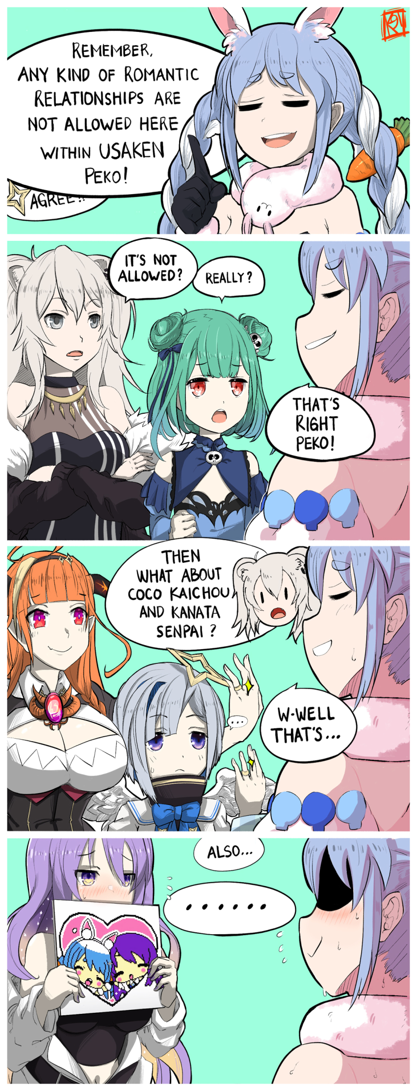 absurdres amane_kanata area_15 blush comic don-chan_(usada_pekora) english_text green_background green_hair highres hololive hololive_fantasy hololive_indonesia kiryu_coco kiryu_coco_(1st_costume) long_hair moona_hoshinova shishiro_botan shishiro_botan_(1st_costume) smile suttyphon uruha_rushia usada_pekora usada_pekora_(1st_costume) virtual_youtuber