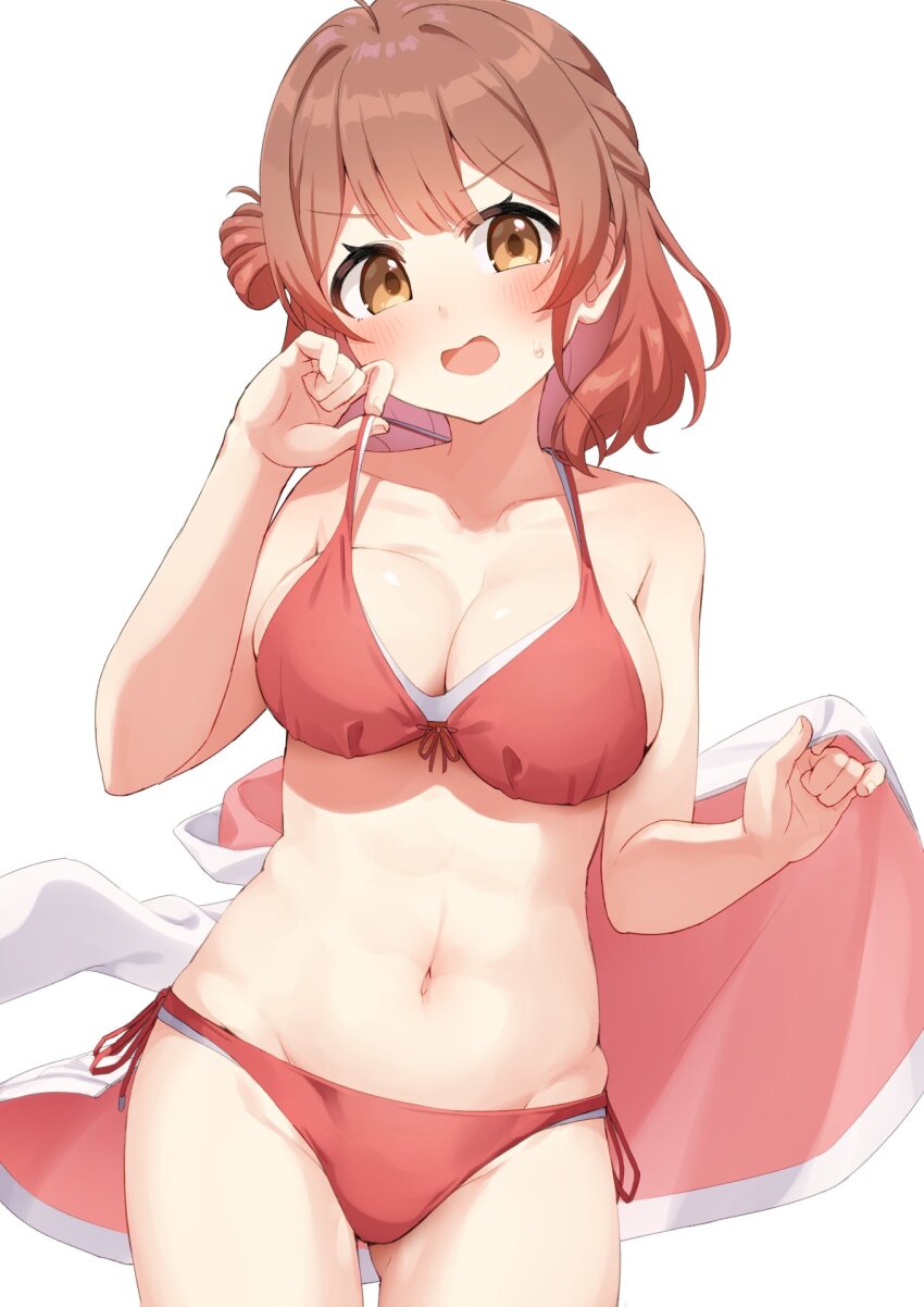 1girl bare_shoulders bikini bikini_pull blush breasts brown_hair cleavage clothes_pull collarbone commentary cowboy_shot dot_nose fragir front-tie_bikini_top front-tie_top gakuen_idolmaster gradient_hair hair_bun halterneck hanami_ume highres holding holding_unworn_clothes idolmaster kimi_to_semi_blue_(idolmaster) large_breasts looking_at_viewer multicolored_hair navel open_mouth red_hair shy side-tie_bikini_bottom simple_background single_side_bun solo standing strap_pull sweatdrop swimsuit v-shaped_eyebrows white_background