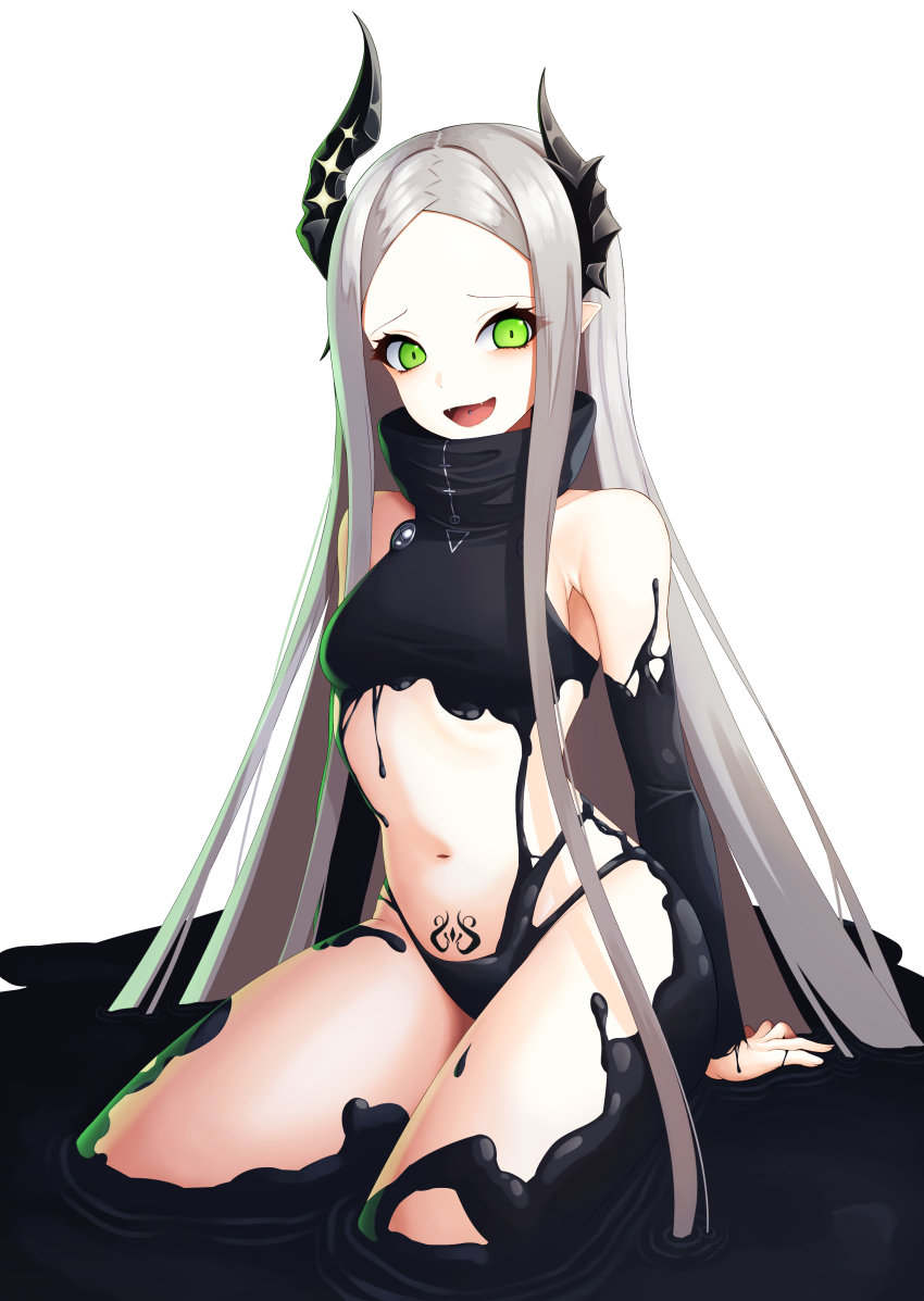 1girl absurdres bare_shoulders black_horns black_liquid breasts fangs forehead goddess_of_victory:_nikke green_eyes grey_hair highres horns leviathan_(nikke) liquid_clothes long_hair looking_at_viewer open_mouth piercing pointy_ears pubic_tattoo simple_background small_breasts tattoo thighs tongue_piercing white_background zussunn