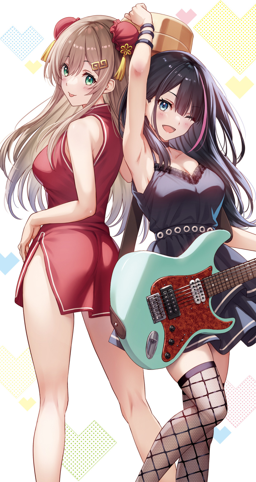 armpits ass black_dress breasts brown_hair china_dress chinese_clothes double_bun dress electric_guitar fishnet_thighhighs fishnets green_eyes guitar hair_bun hair_ornament highres holding holding_guitar holding_instrument imouto_wa_kanojo_ni_dekinai_no_ni instrument long_hair looking_at_viewer looking_back red_dress sakuraba_fuyu sankuro_(agoitei) thighhighs thighs tongue tongue_out tsukuyomi_akiho