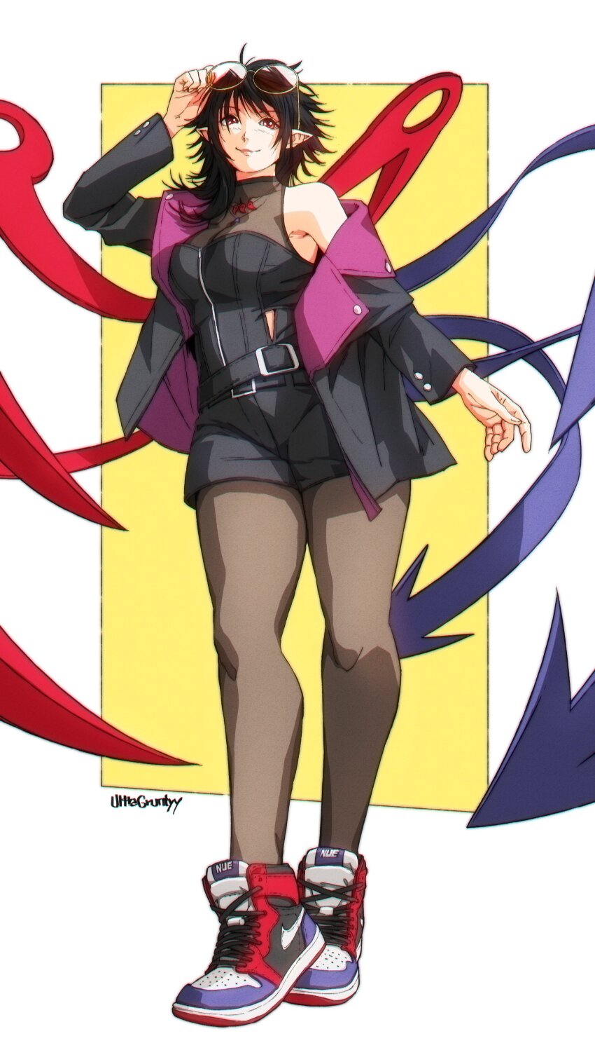 1girl absurdres asymmetrical_wings black_hair blue_wings breasts cleavage drip_(meme) highres houjuu_nue jacket meme nike_(company) pantyhose pointy_ears red_eyes red_wings see-through_clothes see-through_cleavage shoes short_hair shorts simple_background snake sneakers solo tagme touhou ultragruntyy white_background wings