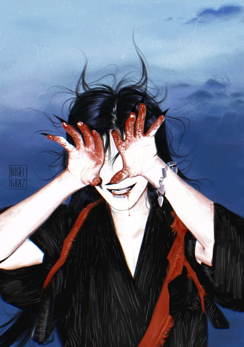 1other absurdres ambiguous_gender black_hair black_nails blood blood_drip blood_in_mouth blood_on_hands blue_sky bracelet covering_own_eyes fingernails floating_hair grin highres japanese_clothes jewelry long_fingernails long_hair messy_hair nigelgraz original outdoors sharp_fingernails sky smile solo tasuki upper_body wind