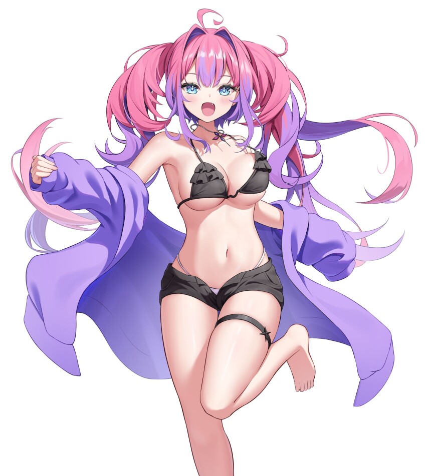 1girl ahoge barefoot bikini bikini_under_shorts black_bikini black_shorts blue_eyes blush breasts cleavage fang hashtag-only_commentary highres hololive hololive_dev_is jacket kag_tsukimi kikirara_vivi leg_up long_hair medium_breasts multicolored_hair navel open_clothes open_jacket open_mouth open_shorts pink_hair purple_hair purple_jacket short_shorts shorts smile solo stomach streaked_hair swimsuit thigh_strap thighs very_long_hair virtual_youtuber white_bikini