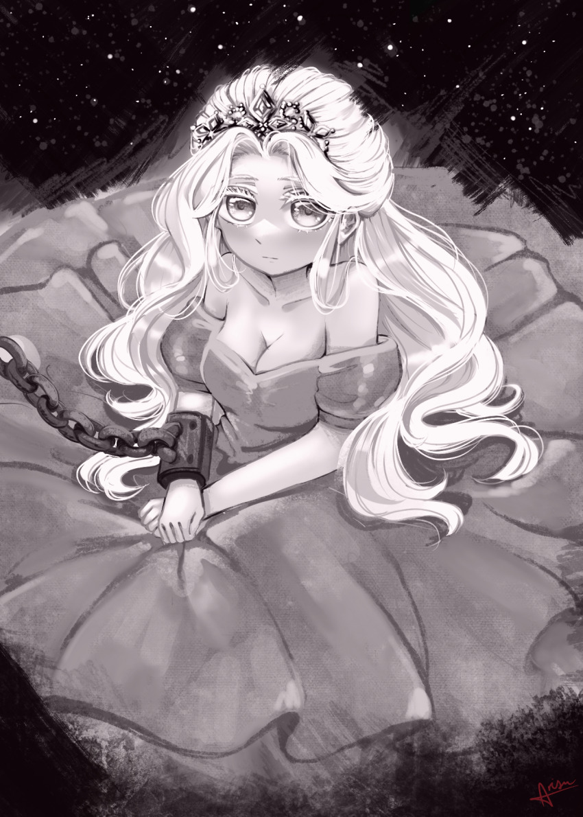 1girl arisu_art bare_shoulders breasts chain chained cleavage cuffs dress greyscale highres long_hair looking_at_viewer medium_breasts monochrome princess_(slay_the_princess) shackles shadow signature slay_the_princess solo tiara white_hair