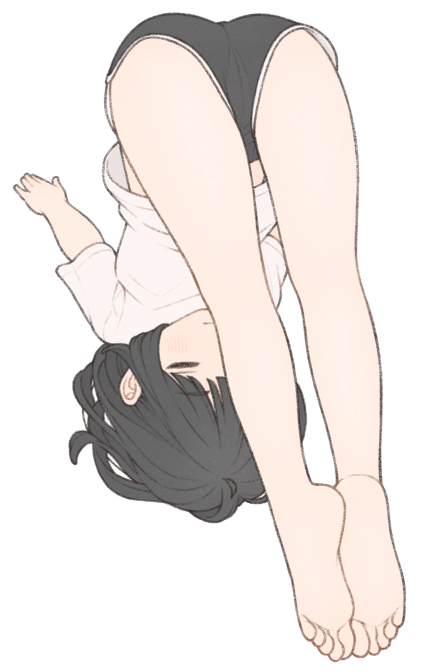 1girl 1ssakawaguchi absurdres bare_legs barefoot black_hair black_shorts bob_cut closed_eyes closed_mouth dolphin_shorts feet full_body highres ichika_(1ssakawaguchi) kneepits legs midriff_peek original shirt short_hair short_sleeves shorts simple_background soles solo stretching toes white_background white_shirt