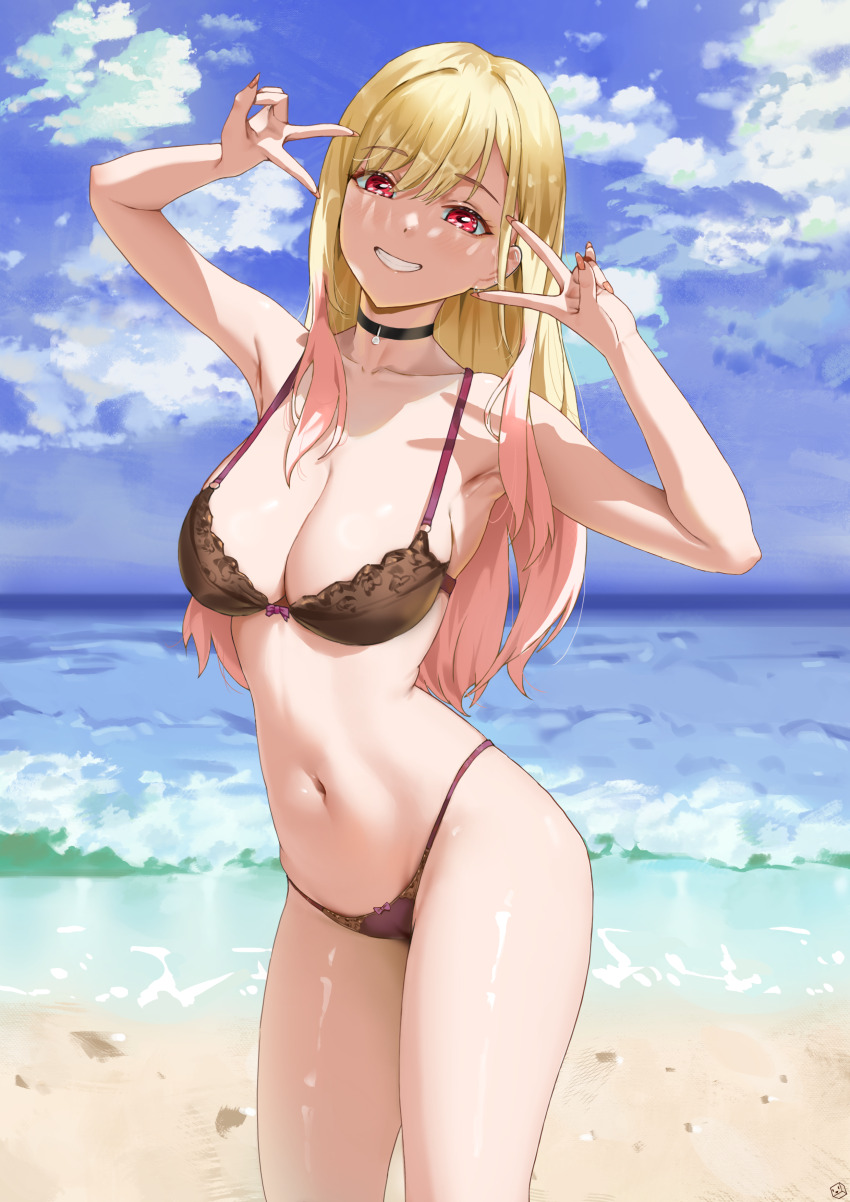 1girl absurdres armpits beach black_choker blonde_hair blue_sky bra breasts cameltoe choker cloud day double_v grin highres kitagawa_marin kuuhaku_(pskf2372) large_breasts navel ocean outdoors panties pink_nails red_eyes sky smile sono_bisque_doll_wa_koi_wo_suru stomach thighs underwear underwear_only v variant_set