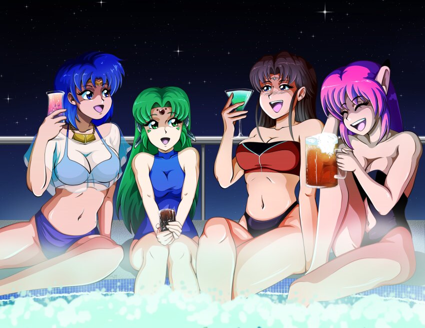 4girls absurdres alcohol android beer beer_mug bikini black_one-piece_swimsuit blue_bikini blue_eyes blue_hair blue_one-piece_swimsuit breasts bubble casual_one-piece_swimsuit cleavage closed_eyes clothing_cutout cocktail cocktail_glass crossed_legs cup drink drinking_glass drunk fal_(phantasy_star) forehead_jewel furena green_eyes green_hair hand_on_floor hand_on_own_head highleg highleg_bikini highres holding holding_cup hot_tub hurricane_glass ice ice_cube jewelry laughing legs_together long_hair lyla_brangwin mug multicolored_clothes multicolored_swimsuit multiple_girls navel navel_cutout necklace night night_sky one-piece_swimsuit parted_bangs phantasy_star phantasy_star_iv pink_hair pointy_ears pool robot_ears see-through_clothes see-through_shirt shess_tierney shirt short_hair sky smile soda star_(sky) starry_sky steam strapless strapless_bikini strapless_one-piece_swimsuit swimsuit tedbob84 teeth tiara toasting_(gesture) tube_top upper_teeth_only