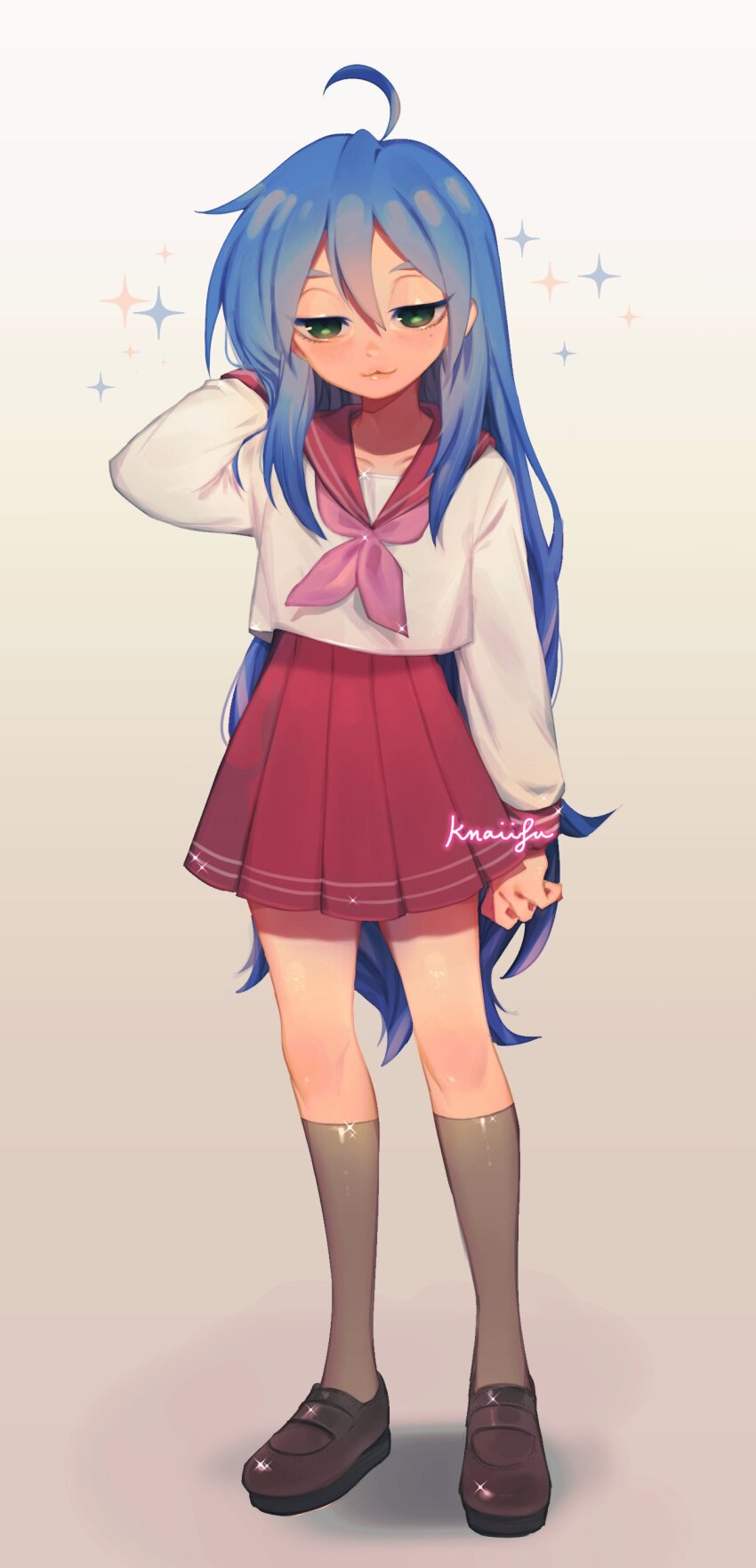 1girl absurdres ahoge blue_hair green_eyes highres izumi_konata knaiifu long_hair looking_at_viewer lucky_star mole mole_under_eye neckerchief ribbon ryouou_school_uniform school_uniform serafuku shirt skirt smile very_long_hair