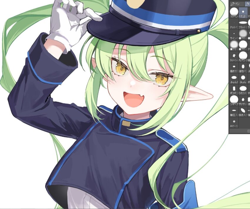 1girl :d art_program_in_frame black_hat blue_archive clip_studio_paint clip_studio_paint_(medium) fang floating_hair gloves green_hair hair_between_eyes hand_on_headwear hand_up hat long_hair long_sleeves looking_at_viewer nozomi_(blue_archive) open_mouth peaked_cap pointy_ears popped_collar simple_background skin_fang smile solo train_conductor twintails upper_body white_background white_gloves yellow_eyes zumi_tiri